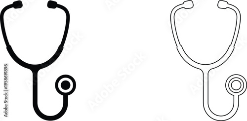 Medical stethoscope vector icons set, black silhouette and thin line stethoscope illustrations, healthcare and diagnostic equipment symbols
