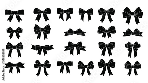 Comprehensive set of black ribbon bow silhouettes in various shapes and styles for decoration and gift wrapping.