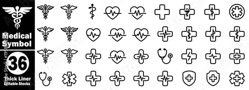 Medical symbol pack with 36 thick liner editable icons showing variations of health cross caduceus emergency star of life and heartbeat rhythm signals vector illustration.