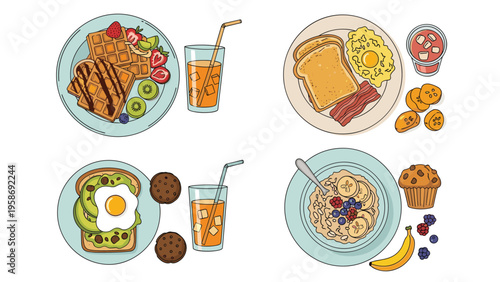 Diverse breakfast options including waffles with fruit eggs with bacon avocado toast and oatmeal with berries and juice.