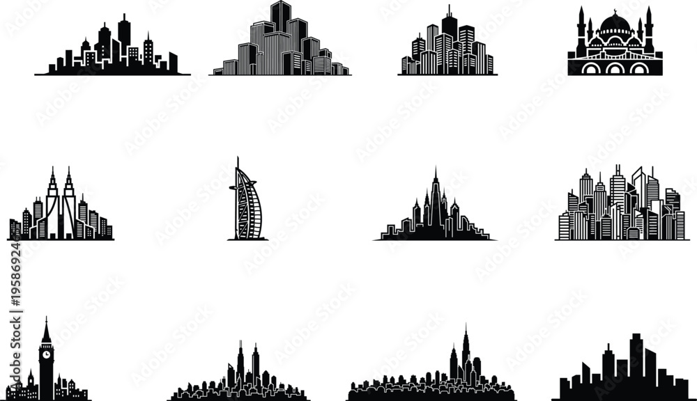 Fototapeta premium city skylines from around the world in black silhouette on white background