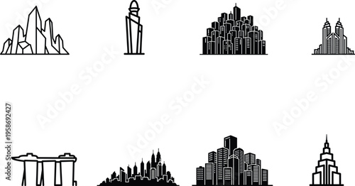 City skylines and buildings in various styles and designs