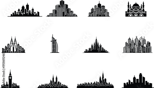 city skylines from around the world in black silhouette on white background