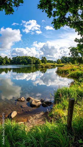 Tranquil lake scene, framed by foliage, reflection of sky and clouds on still water