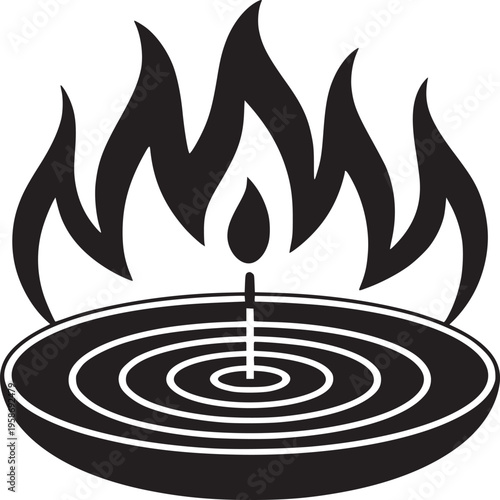 A black and white graphic of a candle with flames rising above a circular base with concentric rings