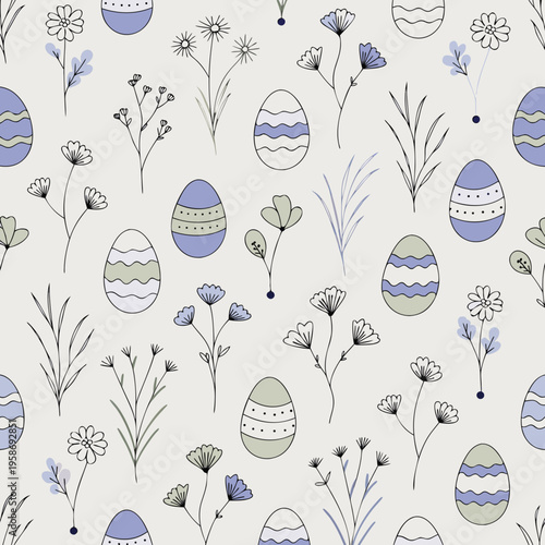 Easter Eggs with Daisies and Grasses Seamless Pattern Vector Illustration, Pastel Blue Gray Floral Design