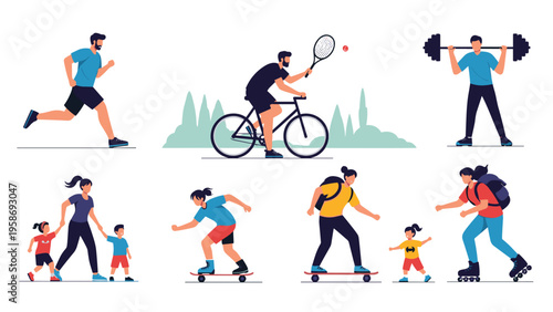 Variety of people participating in different physical activities such as running cycling weightlifting and skating.