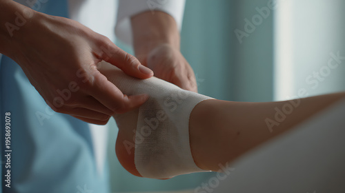 Medical professional apply bandage to patient foot in clinic setting close-up. Healthcare worker provide care, recovery, therapy to person leg