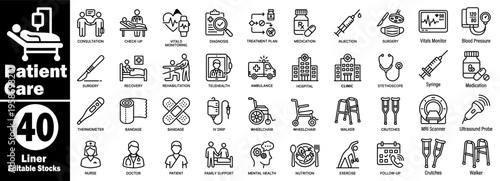 Patient care liner icons set. Medical consultation and check-up. vital monitoring. diagnosis and treatment plan. Medication and injection editable stock vector illustration.