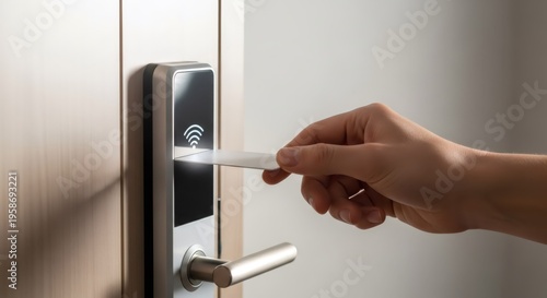 Hand holding room key card to unlock smart door lock. Electronic access control system at hotel. Security technology for modern lifestyle and touchless entry. Household building automation.