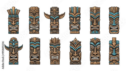 Collection of traditional wooden tiki masks with diverse carvings and blue accents representing polynesian culture.