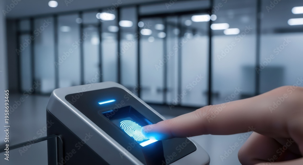 Fototapeta premium Man pressing finger on biometric fingerprint scanner for access control. Secure identification system for office entry. Digital technology for data protection and hardware security.