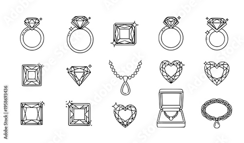 A collection of jewelry icons including rings, necklaces, and gemstones in a minimalist line art style