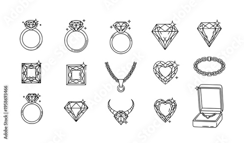 A collection of jewelry icons including rings, diamonds, and necklaces in a minimalist line art style