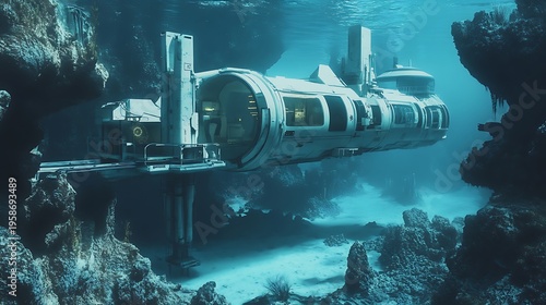 Underwater habitat module with cylindrical structure and rocky seabed surroundings