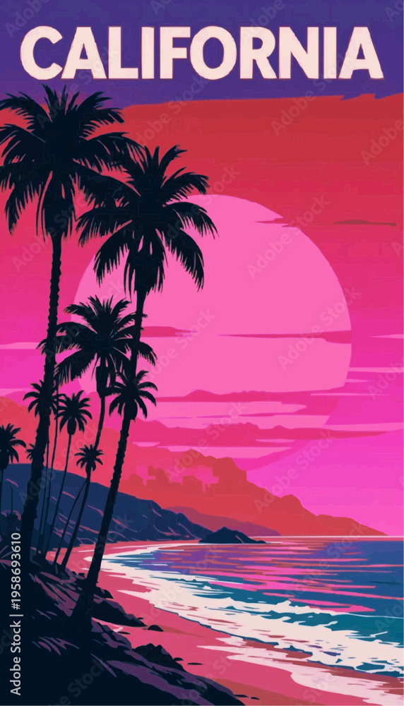 Obraz premium California travel poster, bold 'CALIFORNIA' typography on top, retro 70s font, sunset colours, palm trees and coastline, minimalist vector style, high contrast.