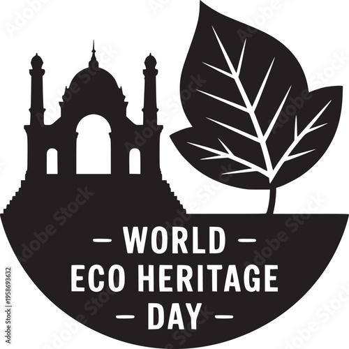 World eco heritage day graphic featuring a silhouette of a building and a leaf in black and white