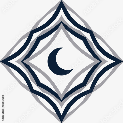 Vector celestial geometric symbol with crescent moon. Abstract sacred geometry rhomboid logo, mystical emblem for occult, yoga, wellness, and tattoo design. Isolated on light gray