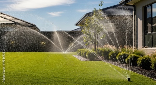 Garden sprinkler watering green grass lawn. Automatic irrigation system working in residential backyard during summer day. Eco friendly water usage and landscaping maintenance concept.