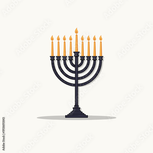 Menorah with lit candles in traditional design against neutral background  