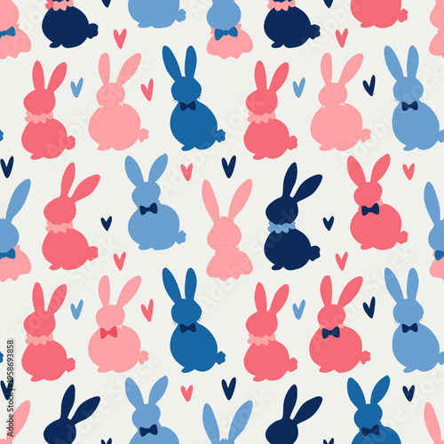 Bunny Rabbits Seamless Pattern Vector Illustration, Cute Easter Bunnies with Bows and Hearts Pastel Design