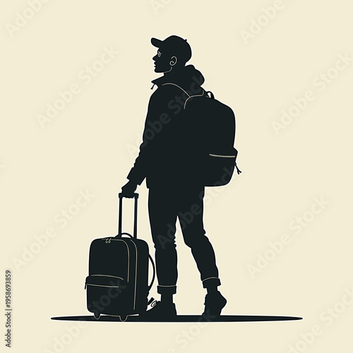 Young man standing with suitcase and backpack in silhouette  