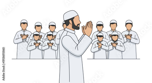 Muslim men praying together in white traditional clothing