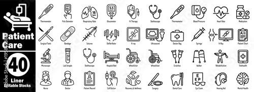 Patient care liner icons set. Vital signs include pulse oximeter, respiratory rate, blood pressure, and heart rate. medical equipment editable stocks vector illustration.