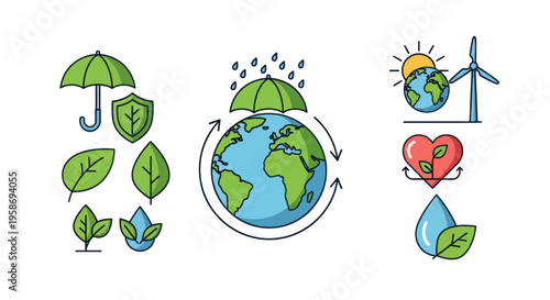 Eco friendly icons: Earth, wind turbine, leaf, heart, water drop, umbrella, shield.