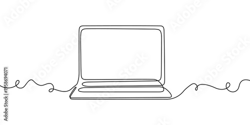 Cuadro en lienzo Continuous one line laptop screen computer office work art pc outline illustration