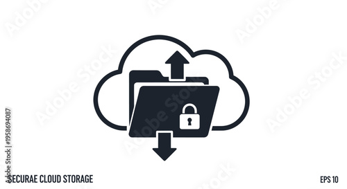 Secure cloud storage icon with lock and data transfer