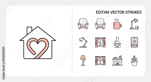 home sweet home icons with heart, vector strokes