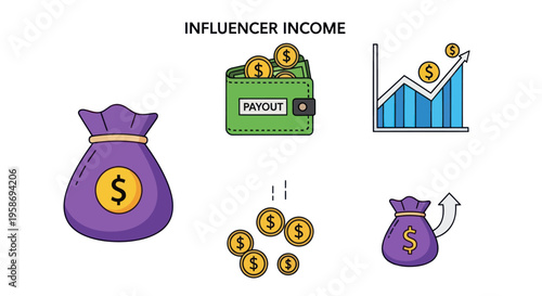 Influencer income, money bag, payout, earnings growth