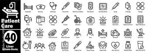 Patient care liner icons set. Hospital bed and nurse cap. medical equipment like a stethoscope and thermometer. Health devices editable stocks vector illustration.