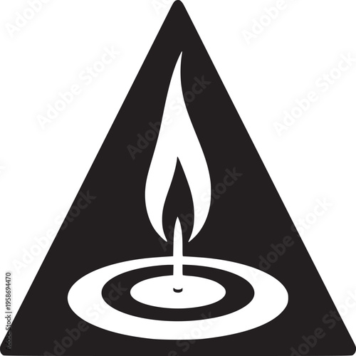 A black triangle containing a white flame above concentric circles on a white background design symbol