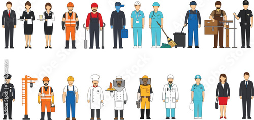 Different professions people characters workers jobs collection construction medical police chef business vector illustration isolated modern flat design