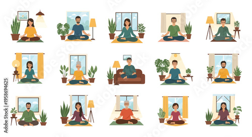 yoga at home, people meditating in living room