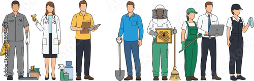 Different professions workers characters doctor cleaner gardener beekeeper office employee vector illustration isolated modern flat design workforce concept set