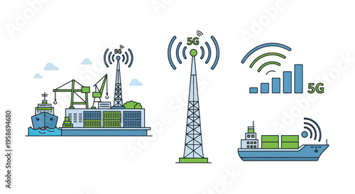 5G technology at sea port and cargo ship, wireless communication network