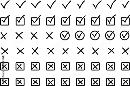 Hand-drawn Check Mark Icon Set. Black Stroke Check Mark, Tick Mark Symbol, Checklist Sign. Black Checkmark Design. Dirty Black Stroke Checkmark Sign, Vector Illustration