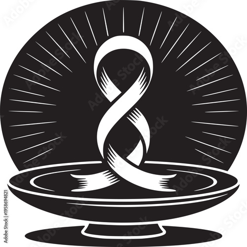 Monochrome graphic of a ribbon symbol in a bowl against a radiating circle background design element
