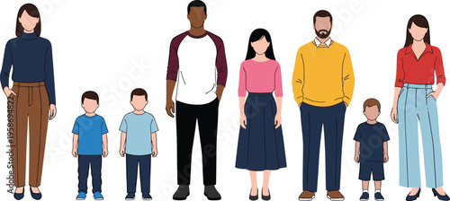 Diverse family members including parents and children standing together, representing family unity, parenting, childhood, and modern lifestyle people concept illustration