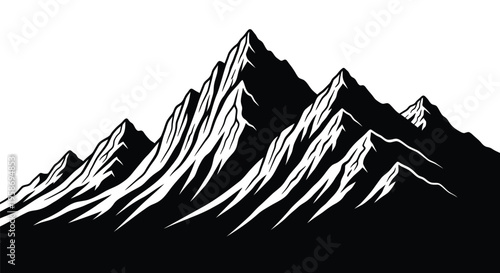 Black mountain range silhouette, vector mountains, snow-capped peaks, landscape icon