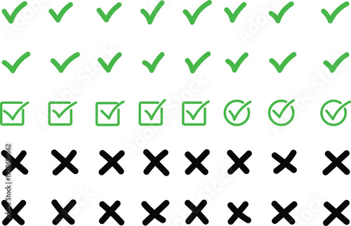 Hand-drawn Check Tick Mark Icon Set. Cross Box X Check Mark Checkbox V List, Sketch Doodles Brush Marker Checklist Symbol Wrong Right Circle. Vector Illustration