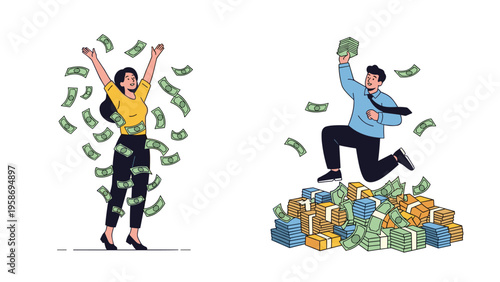 Successful man and woman celebrating their wealth as they are showered with falling banknotes and stacks of money.