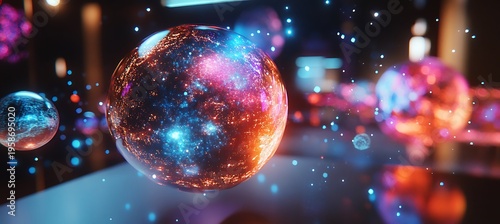Colorful glowing orb with vibrant blue and orange lights floating in air
