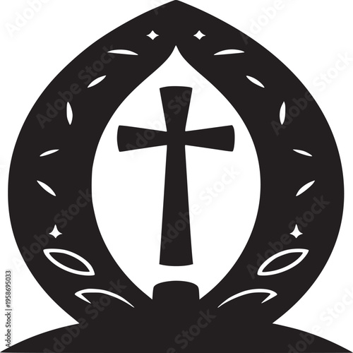 Black and white graphic of a christian cross inside an oval shape with decorative elements around it