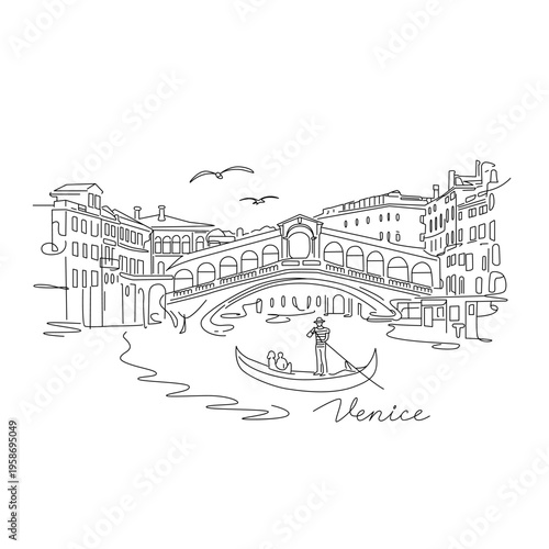 Venice cityscape panorama with the old town, canal, and gondola with gondolier in Italy. Flat vector single line illustration for print isolated on white background.