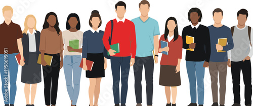 Diverse students group people standing education learning books university vector illustration isolated modern flat design academic concept set