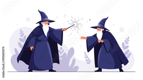Two mystical wizards with long white beards casting spells with magic wands against a dreamy purple background.